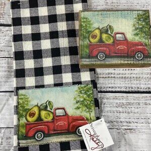 Primitives by Kathy Avocado Buffalo Check Farm Towel & Sign Gift Set Bundle NWT